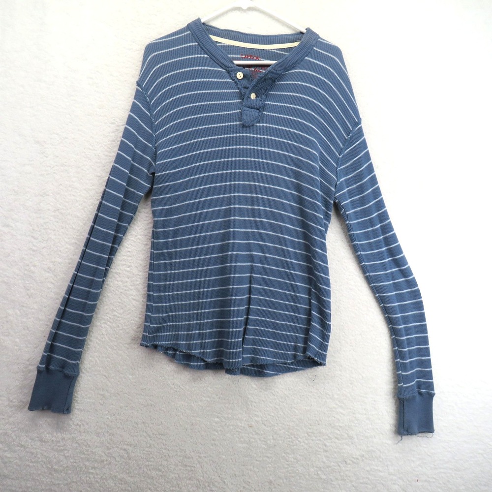 Carbon Shirt Mens Medium Blue Striped Waffle Knit Long Sleeve Henley Casual